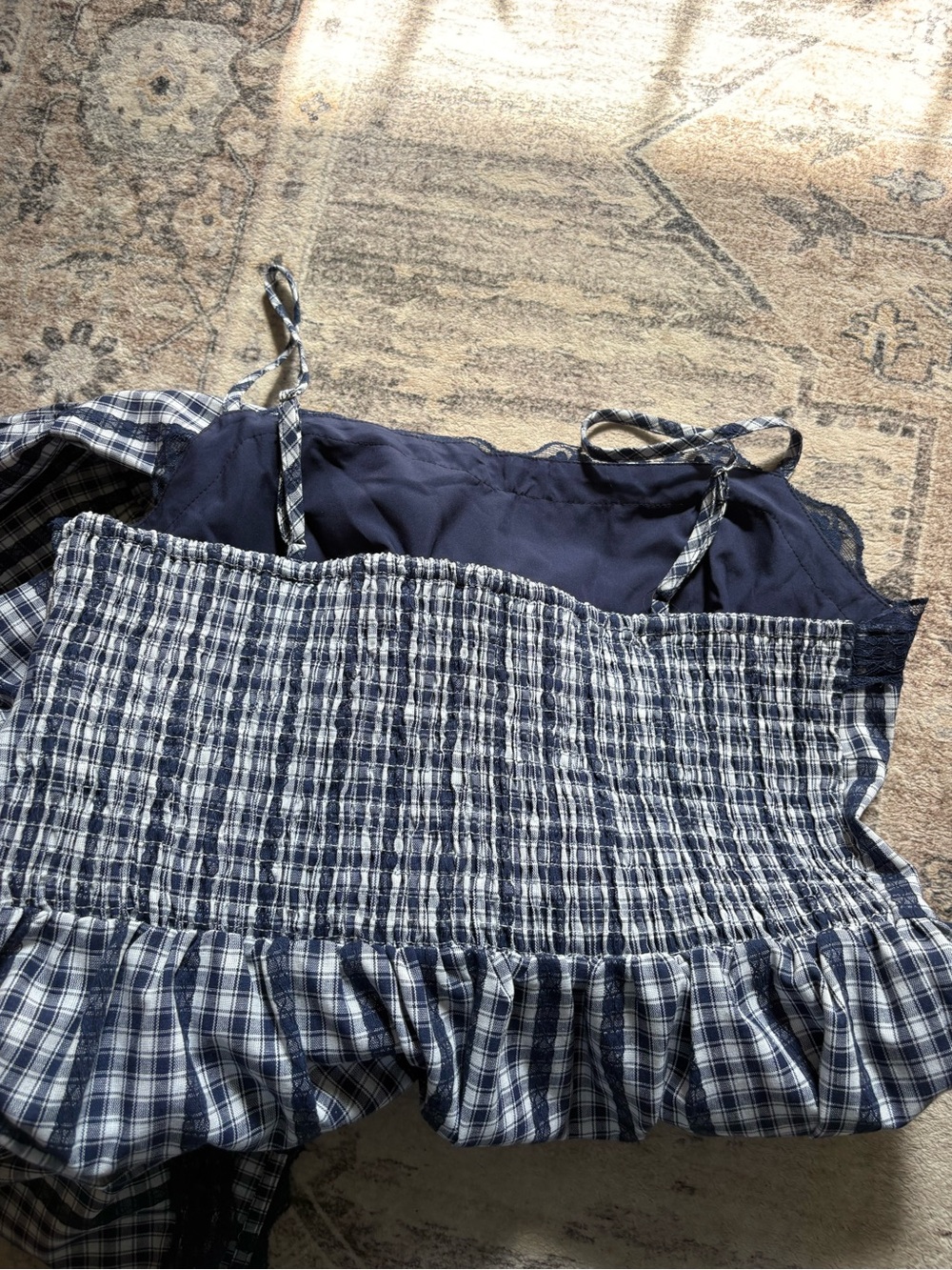 Cider COTTON-BLEND GINGHAM LACE TRIM TIERED SHIRRED MAXI DRESS navy blue XL NEW - Picture 9 of 13